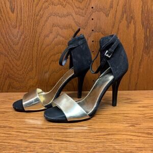 A New Day Black Gold Heels Ankle Strap Sandals Size 8 Dressy Stiletto Heels
